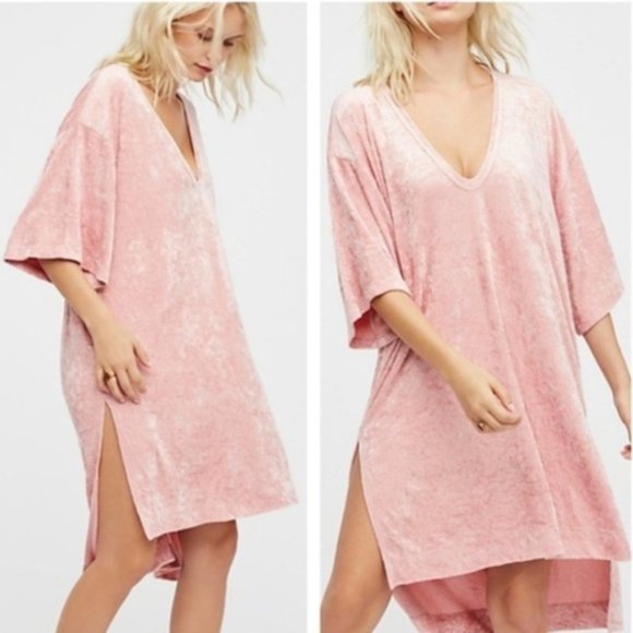 Free People Dresses & Skirts - Free People Passion Flower Pink Velvet Tunic Dress Side Split Ovrrsized Size M